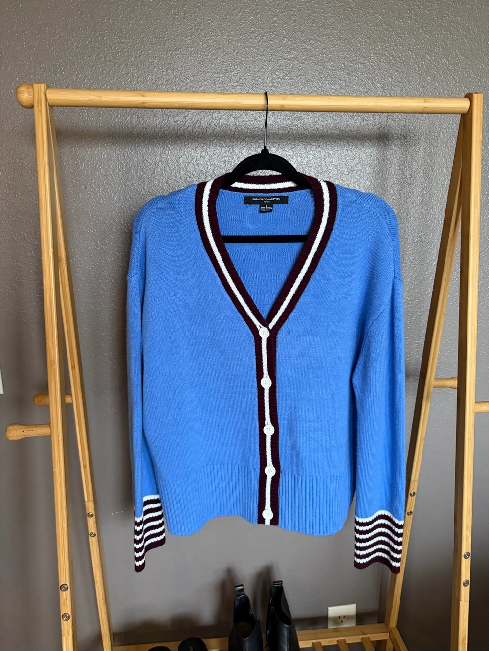 French Connection Blue Cardigan with Maroon and White Trim